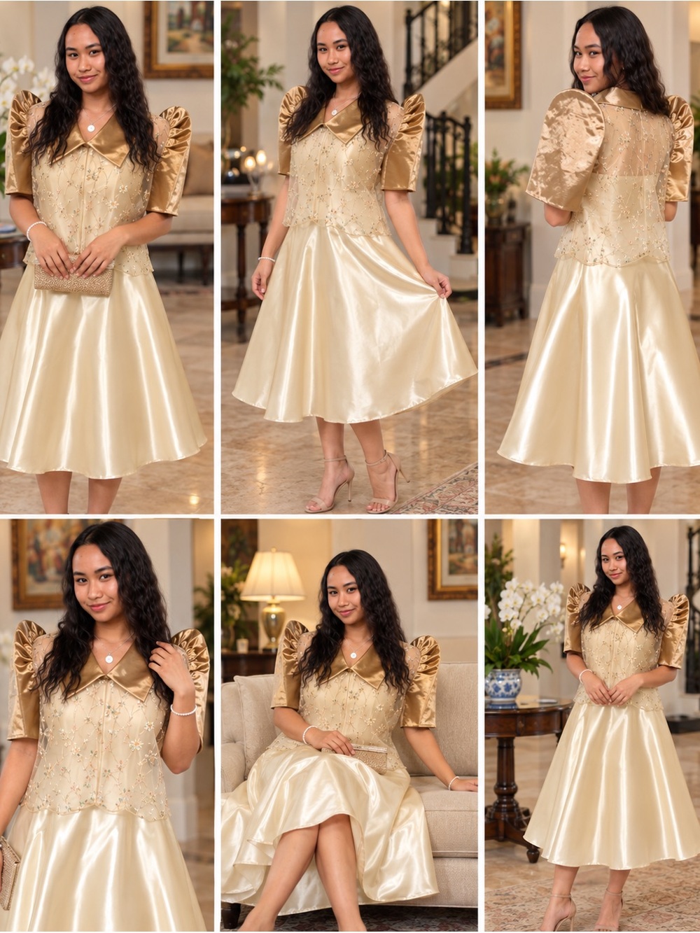 Filipiniana Champagne Satin A-Line Dress -Sleeves Sheer Floral Embroided Bolero